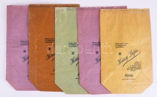 cca 1930 Kerta, Kócsy Lajos vegyeskereskedő reklámos papírtasakjai, 5 db, különféle színekben, változó állapotban, 28x16,5 cm