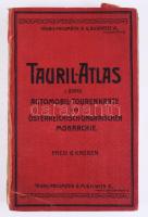 Tauril-atlasz. Az Osztrák-Magyar Monarchia automobil-térképe. Mérték: 1:600,000. 1. kötet [Unicus, több nem jelent meg.] Budapest, [1910 körül]. Tauril-Pneumatik Rt. (Hölzel Ed., Bécs). [4] + 6 p. + 51 térkép (színes, dupla oldalas térképek átnézeti térképpel és I-L-ig számozva). + [4] p. Egyetlen kiadás. 1910 körül kiadott térképünk az annektált Boszniával kiegészített Osztrák-Magyar Monarchia teljes területének közúti viszonyaira koncentrál. Közlekedési atlaszunk számos meglepetéssel szolgál. A rang szerint is kódolt elsőrendű, másodrendű és alsóbbrendű, valamint az automobilos közlekedés számára tiltott utak feltüntetésén kívül tanulmányozhatjuk a birodalmi vasúthálózat 1910 körüli fejlettségét, a településhálózatot, a birodalom vízrajzát és hegyrajzát, ez utóbbit színkódolás nélkül, a hegységnevek és az útszakaszok emelkedési szögének feltüntetése segítségével. Térképünk a Monarchia tartományainak általános közlekedési rendjét is feltünteti. Míg a szomszédos államok (Svájc, Németország, Oroszország, Románia és Olaszország) egységesen jobb oldali közlekedési rend mellett döntöttek, a Monarchia tartományainak többségében bal oldali közlekedési rend volt érvényben (Csehország, Alsó- és Felső-Ausztria, Salzburg, Stájerország, Bukovina és Galícia, Magyarország, Horvátország, Dalmácia, Bosznia, Hercegovina), de a délnyugati tartományokban (Tirol, Karintia, Görz, Isztria) jobb oldali közlekedési rendet tartottak. Egy Graz-Dubrovnik-autóút esetén tehát az osztrák úrvezető kétszer kényszerült oldalváltásra; a magyar korona országaiban a rendszer egységesebb volt. Atlaszunk színkódolással kiemeli az automobilok számára különösen veszélyes útszakaszokat. Budapest környékén az elsőrendű utak rendszere jelentősen eltér a maitól: Székesfehérvár felé Bicskén és Lovasberényen vezet az út, Bécs felé az út a Dorogi-árkon át húzódik (nem Bánréve-Tata felé), és míg Hatvan-Gyöngyös-Debrecen irányába egyértelmű a főutak rendszere, a Szolnok felé vezető főút Vecsés határában elakad, az ország déli vidékeire vivő utak pedig (az 5-ös és 6-os utak) a Duna vonalát követik, szorosan. Kiadói festett egészvászon-kötés, sérült kötéssel és gerinccel, a gerinc levált (de meg van), kijáró lapokkal, két szöveges lap hiányzik, de a térképek maguk hiánytalanok.