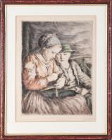 Glatz Oszkár (1872-1958) - Prihoda István (1891-1956): Betűvetés. Színezett rézkarc, papír. Jelzett (Glatz Oszkár). Üvegezett fakeretben. 35,5x26,5 cm