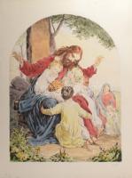 Prihoda István (1891-1956), C. Vogel pinx: Engedjétek hozzám... (Jézus gyerekekkel). Színezett rézkarc, papír, jelzett (Vogel pinx). Lapszéli elszíneződésekkel. 63×48 cm.