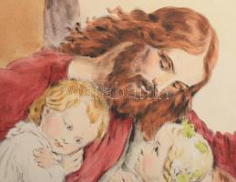 Prihoda István (1891-1956), C. Vogel pinx: Engedjétek hozzám... (Jézus gyerekekkel). Színezett rézka...