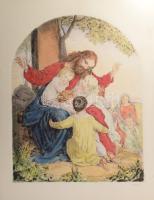 Prihoda István (1891-1956), C. Vogel pinx: Engedjétek hozzám... (Jézus gyerekekkel). Színezett rézkarc, papír, jelzett (Vogel pinx). Lapszéli elszíneződésekkel és kisebb szakadással. 63×48 cm.