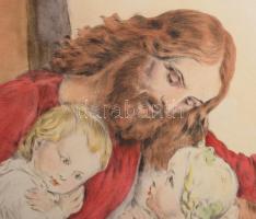 Prihoda István (1891-1956), C. Vogel pinx: Engedjétek hozzám... (Jézus gyerekekkel). Színezett rézka...