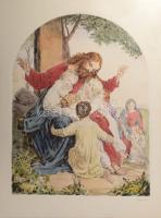 Prihoda István (1891-1956), C. Vogel pinx: Engedjétek hozzám... (Jézus gyerekekkel). Színezett rézkarc, papír, jelzett (Vogel pinx). Lapszéli elszíneződésekkel. 63×48 cm.