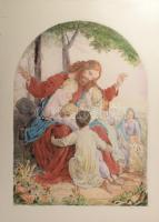 Prihoda István (1891-1956), C. Vogel pinx: Engedjétek hozzám... (Jézus gyerekekkel). Színezett rézkarc, papír, jelzett (Vogel pinx). Lapszéli elszíneződésekkel. 63×48 cm.