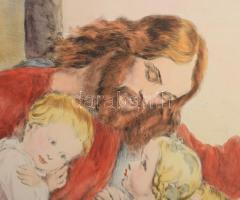 Prihoda István (1891-1956), C. Vogel pinx: Engedjétek hozzám... (Jézus gyerekekkel). Színezett rézka...