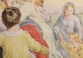 Prihoda István (1891-1956), C. Vogel pinx: Engedjétek hozzám... (Jézus gyerekekkel). Színezett rézka...