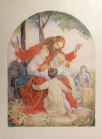 Prihoda István (1891-1956), C. Vogel pinx: Engedjétek hozzám... (Jézus gyerekekkel). Színezett rézkarc, papír, jelzett (Vogel pinx). Lapszéli elszíneződésekkel és kisebb szakadással. 63×48 cm.