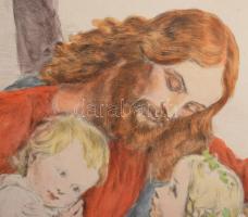 Prihoda István (1891-1956), C. Vogel pinx: Engedjétek hozzám... (Jézus gyerekekkel). Színezett rézka...