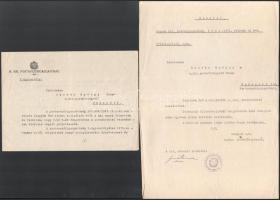 cca 1921-1943 Postatiszt hivatali iratai, közte kinevezési okmányokkal, az aláírások között államtit...