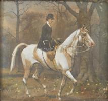 Régebbi díszdoboz, kopott nikkelezett réz szerelékkel, részben kézzel festett lovas képpel a fedelén...