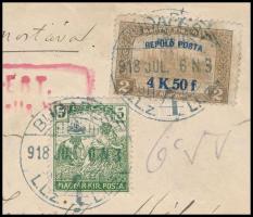 1918. július 6-án Budapesten feladott ajánlott cenzúrázott légi levél Kijevbe, a Budapest-Bécs-Krakk...