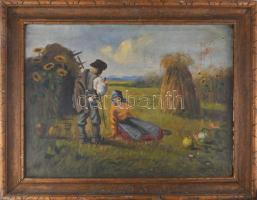 Olvashatatlan jelzéssel: Pihenők. Olaj, vászon, sérült. Dekoratív, kopott fakeretben. 60x80 cm