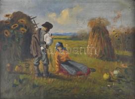 Olvashatatlan jelzéssel: Pihenők. Olaj, vászon, sérült. Dekoratív, kopott fakeretben. 60x80 cm