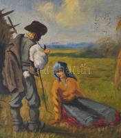 Olvashatatlan jelzéssel: Pihenők. Olaj, vászon, sérült. Dekoratív, kopott fakeretben. 60x80 cm