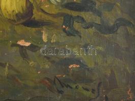 Olvashatatlan jelzéssel: Pihenők. Olaj, vászon, sérült. Dekoratív, kopott fakeretben. 60x80 cm