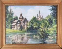 Erdélyi J jelzéssel: Kastély. Olaj, vászon. Dekoratív, kissé sérült fakeretben. 60x80 cm
