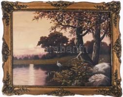 Erdélyi J jelzéssel: Vízparti táj madárral. Olaj, vászon. Dekoratív, sérült fakeretben. 59,5x79,5 cm