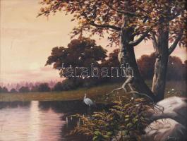 Erdélyi J jelzéssel: Vízparti táj madárral. Olaj, vászon. Dekoratív, sérült fakeretben. 59,5x79,5 cm