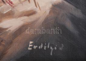 Erdélyi J jelzéssel: Vízparti táj madárral. Olaj, vászon. Dekoratív, sérült fakeretben. 59,5x79,5 cm