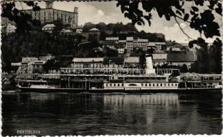 1931 Pozsony, Pressburg, Bratislava; "JUPITER" DGT-STERNKLASSE típusú lapátkerekes gőzhajó (korábban FRANZ JOSEPH I) a pozsonyi vár alatt / Franz Joseph I. steam paddlewheeler of the First Danube Steamship Company (DDSG). Franz Joseph I. was requisitioned for service on the Danube at some point during the last two years of the First World War. Returned to DDSG, she was renamed Jupiter (ragasztónyom / glue marks)