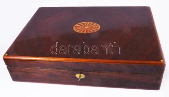 Nagyméretű art deco intarziás díszdoboz, kulccsal, működő zárral, minimális kopással, 28x53 cm