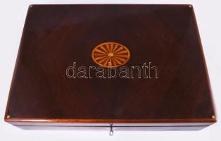 Nagyméretű art deco intarziás díszdoboz, kulccsal, működő zárral, minimális kopással, 28x53 cm