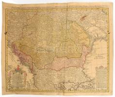 [A Magyar királyság, Erdély és a környező területek] Homann, Johann Babtist - Johann Matthias Hazius.: Hungariae ampliori significatu et veteris vel Methodicae, complexae Regna Hungariae Propriae...Stereogra phicae legitimae descripta a I. M. Hasio M. P. P. Curantibus Homannianis Heredibus. C. P. S. C. M. 1744. Fenti szöveg a képmezőben balra lent, a fegyverekkel díszített kartusban. A térkép felett francia nyelvű címleírás. A térkép alatti sorban lévő szöveg utalás a pozsareváci és a belgrádi békekötésre. Megjelent: Nürnberg, 1747. Atlas Novus Terrarum Orbis Imperia. színezett rézmetszet 59x50 cm Hátoldalán kisebb ragasztásokkal / Map of Hungary, Serbia Transylvania, Romania (Walachia, Moldova) colored engraving. 59x50 cm
