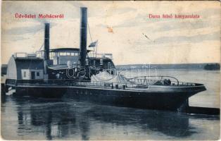 1912 Mohács, Duna felső kanyarulata, a DGT (DDSG) "KOLOWRAT" lapátkerekes vontató gőzhajójával (a háború alatt hadi szolgálatban Kevevárára hadi hidat vitt, kapitánya Lauffer Károly volt). Blandl János kiadása / KOLOWRAT Hungarian paddlewheeler tug steamship, during the First World War, she served near Kovin (fl)