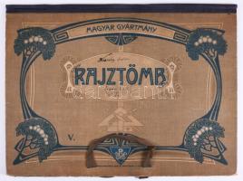 cca 1920 Rigler József Ede Papírneműgyár R.T. rajztömb mappa, szecessziós díszítéssel, sérülésekkel, tulajdonosi feljegyzésekkel, 31x40,5 cm