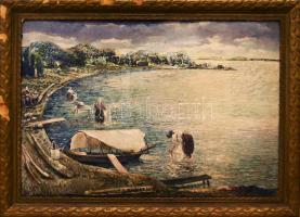 Tihanyi János Lajos (1892-1957): Vízparti élet. Olaj, karton, jelzett. Dekoratív, sérült fakeretben. 70x100 cm. KIZÁRÓLAG SZEMÉLYES ÁTVÉTEL, NEM POSTÁZZUK / ONLY PERSONAL COLLECTION IN OUR OFFICE!
