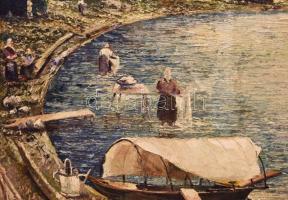 Tihanyi János Lajos (1892-1957): Vízparti élet. Olaj, karton, jelzett. Dekoratív, sérült fakeretben....