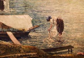 Tihanyi János Lajos (1892-1957): Vízparti élet. Olaj, karton, jelzett. Dekoratív, sérült fakeretben....