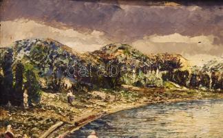 Tihanyi János Lajos (1892-1957): Vízparti élet. Olaj, karton, jelzett. Dekoratív, sérült fakeretben....
