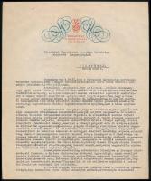 Végh Gusztáv (1889 - 1973) festőművész aláírt levele. A Társadalmi Egyesületek Országos Szövetségének címezve, benne munkásságának leírásával, stb