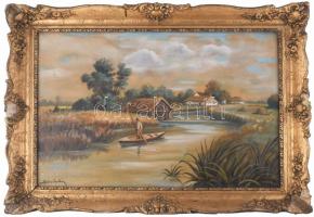 Szórády jelzéssel: Vízparti táj, olaj, vászon. Dekoratív, sérült fakeretben, 50x70 cm