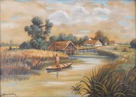 Szórády jelzéssel: Vízparti táj, olaj, vászon. Dekoratív, sérült fakeretben, 50x70 cm