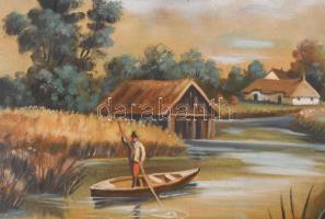 Szórády jelzéssel: Vízparti táj, olaj, vászon. Dekoratív, sérült fakeretben, 50x70 cm
