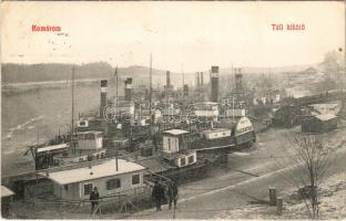 1908 Komárom, Komárno; Téli kikötő. MFTR SALVATOR oldalkerekes vontató gőzhajó (az első világháború idején MBT LEHEL) / winter harbour with Hungarian sidewheeler tugboat. During the First World War, Lehel was requisitioned at some point by the k.u.k ZTL (Zentraltransportleitung) for service on the Danube. In late 1918, Lehel was seized by Serbian troops (EK)