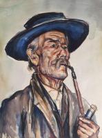 Gallé Tibor (1896-1944): Pipázó portréja, 1931. Akvarell, papír, jelzett, lap teteje papíra kasírozv...