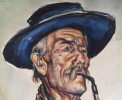 Gallé Tibor (1896-1944): Pipázó portréja, 1931. Akvarell, papír, jelzett, lap teteje papíra kasírozv...