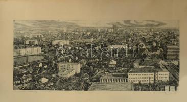 Csisztu Mihály (1933-2008): Szolnoki városkép, 1978. Rézkarc, papír, jelzett, próbanyomat IV bélyegzéssel a hátoldalán, feltekerve, 24x56 cm