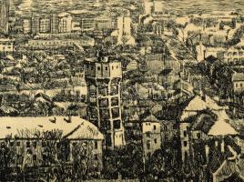 Csisztu Mihály (1933-2008): Szolnoki városkép, 1978. Rézkarc, papír, jelzett, próbanyomat IV bélyegz...