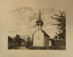 Csisztu Mihály (1933-2008): Árpádkori kistemplom Csarodán. Rézkarc, papír, jelzett, próbanyomat IV bélyegzéssel a hátoldalán, feltekerve, 29,5x39,5 cm
