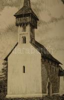 Csisztu Mihály (1933-2008): Árpádkori kistemplom Csarodán. Rézkarc, papír, jelzett, próbanyomat IV b...