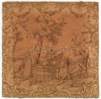 Tehénitatás. Antik, feltehetően francia falikárpit. Sérült, javított. 49×49 cm