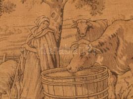 Tehénitatás. Antik, feltehetően francia falikárpit. Sérült, javított. 49×49 cm