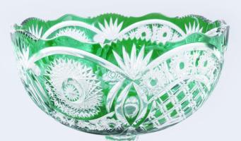 Ajkai zölden pácolt kristály talpas kínáló, jelzés nélkül, hibátlan, d: 23 cm, m: 19,5 cm