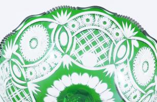 Ajkai zölden pácolt kristály talpas kínáló, jelzés nélkül, hibátlan, d: 23 cm, m: 19,5 cm