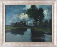 Markó Ernő (1868-1945): Vízparti táj. Olaj, vászon, jelzett, sérült (felületi festéklepergésekkel). Dekoratív fakeretben, 36×45 cm